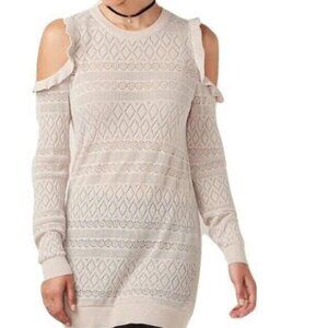 LC Lauren Conrad Women Ruffle Sheer Knit Tunic Sweater Dress Cold Shoulder Small